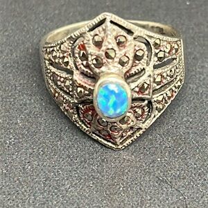 Gorgeous opal and marcasite sterling silver ring. Size 10